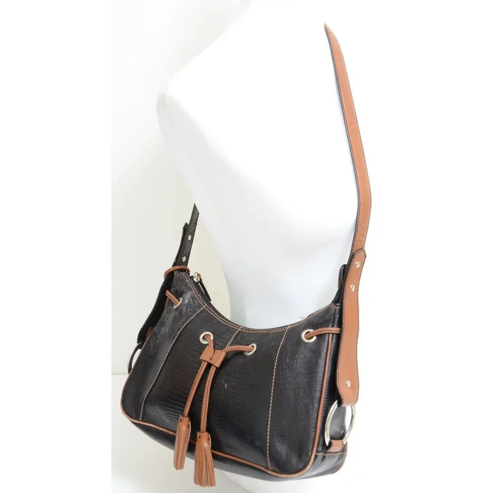 Sharif Studio Black Textured Leather Fringe Crossbody Satchel Handbag‎ Purse